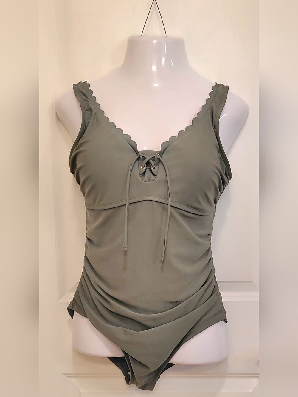 Merona Olive Green Scalloped Lace-Up Tankini Top